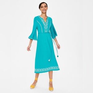 Boden Remi Teal Dress with White Embroidery